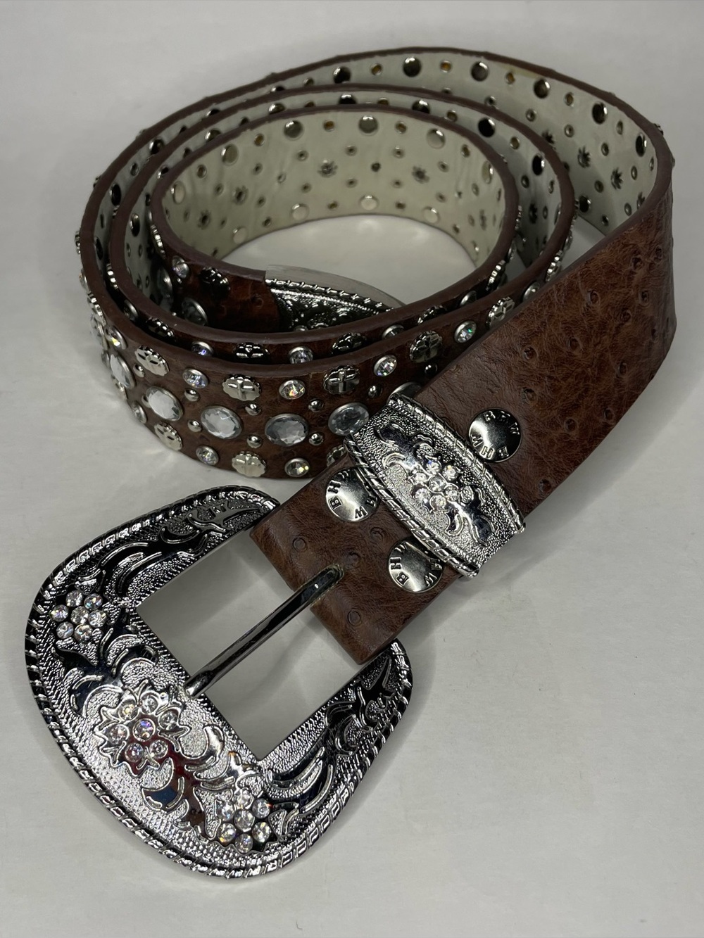 Western Brown Ostrich-Embossed Belt Rhinestone Silver Stud Detail Equestrian L